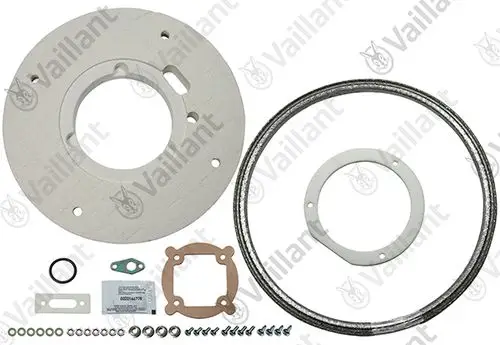 Montageset mit Dichtungen und Befestigungsteilen von Vaillant, bestehend aus mehreren Dichtungen, einer Gasket und verschiedenen Schrauben für Heizungsanwendungen.